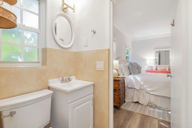 bathroom featuring a wealth of natural light, tile walls, toilet, and large vanity