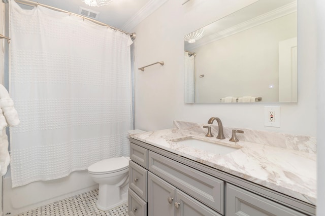 full bathroom featuring oversized vanity, toilet, crown molding, tile flooring, and shower / bath combination with curtain