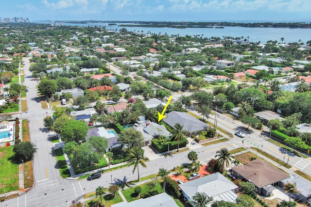 drone / aerial view featuring a water view