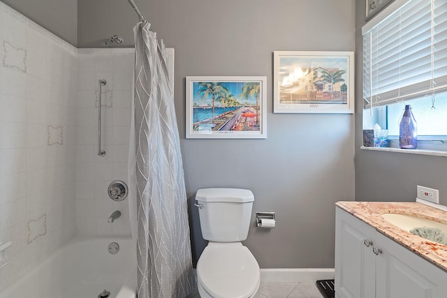 full bathroom with tile patterned flooring, vanity, toilet, and shower / tub combo with curtain