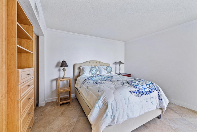 bedroom with a textured ceiling, light tile flooring, and ornamental molding