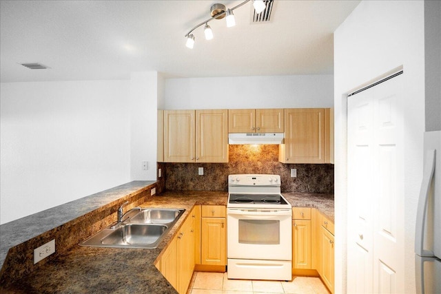 kitchen featuring light brown cabinetry, tasteful backsplash, white range with electric cooktop, and sink