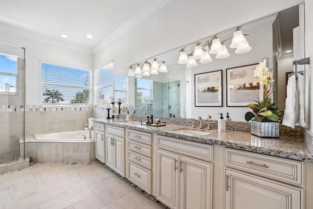 bathroom featuring shower with separate bathtub, vanity, tile patterned floors, and ornamental molding