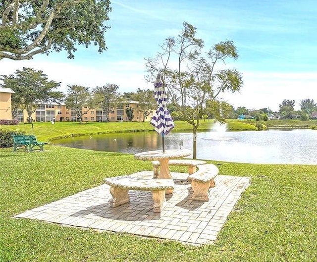 view of property's community featuring a water view and a yard