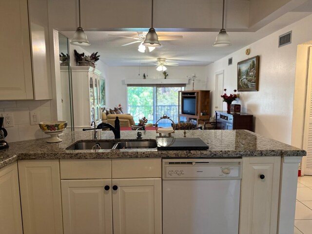 kitchen with white cabinets, dishwashing machine, backsplash, stone counters, and ceiling fan