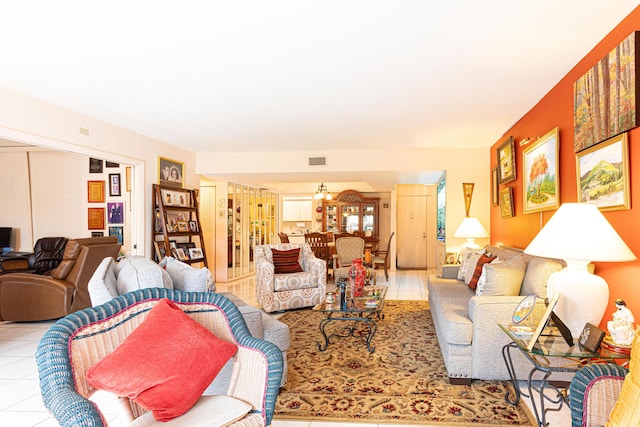 living room featuring light tile patterned floors