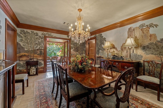 dining space featuring crown molding and a chandelier