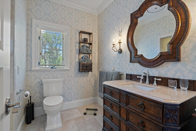 bathroom featuring crown molding, tile patterned flooring, vanity, and toilet