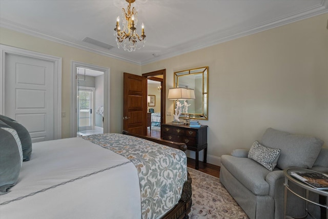 bedroom featuring ornamental molding, a chandelier, and wood-type flooring