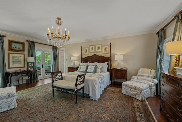 bedroom with ornamental molding, access to outside, and french doors