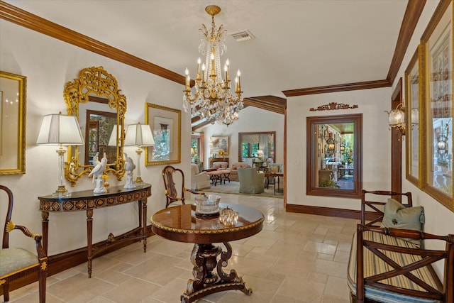 sitting room featuring a notable chandelier and crown molding