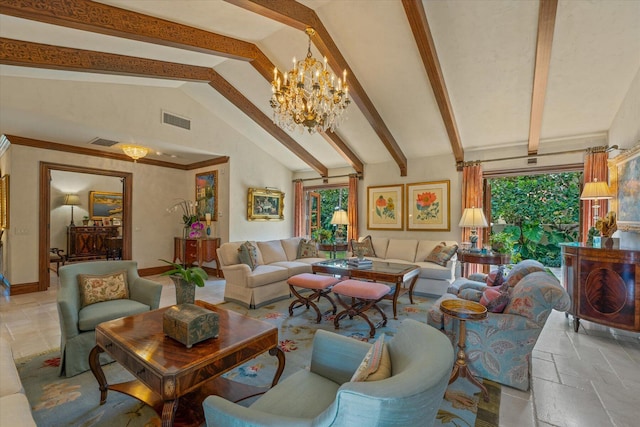 living room featuring beamed ceiling, high vaulted ceiling, and a notable chandelier