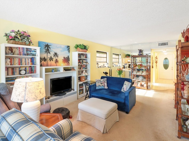 living room with a textured ceiling and carpet flooring