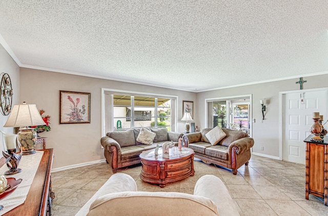 living room featuring crown molding, light tile floors, and a textured ceiling