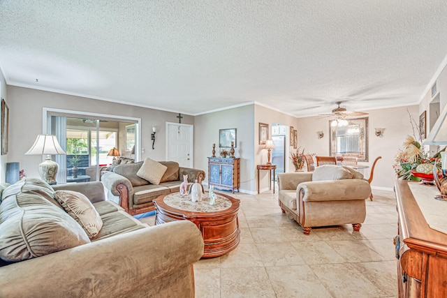 living room with a textured ceiling, ceiling fan, tile floors, and crown molding