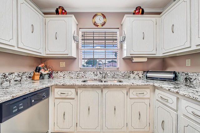 kitchen with stainless steel dishwasher, sink, crown molding, and light stone counters