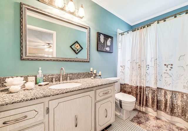 bathroom with ceiling fan, crown molding, tile floors, toilet, and vanity