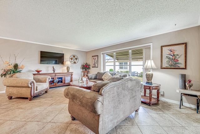 tiled living room featuring crown molding and a textured ceiling