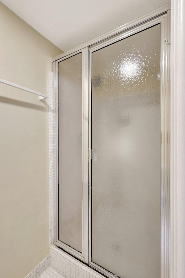 bathroom featuring walk in shower and tile patterned flooring