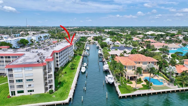 aerial view featuring a water view