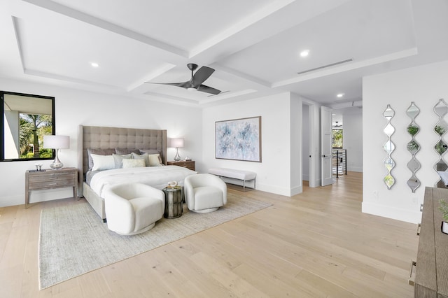 bedroom with beamed ceiling, light hardwood / wood-style floors, ceiling fan, and coffered ceiling