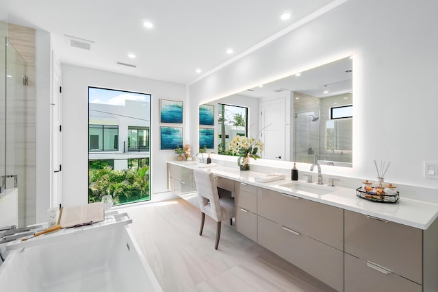 bathroom with dual bowl vanity, shower with separate bathtub, and tile flooring