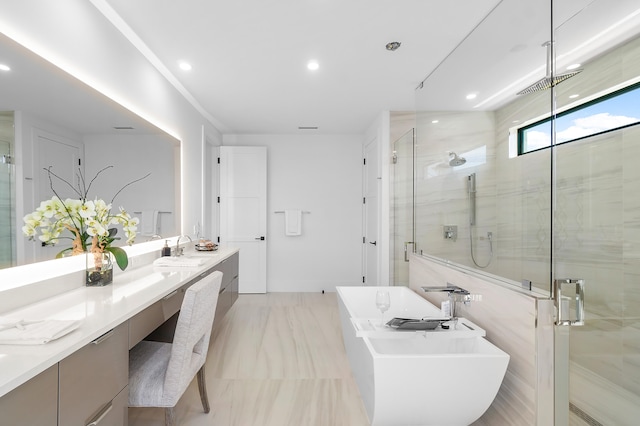 bathroom featuring tile walls, separate shower and tub, tile floors, and dual bowl vanity