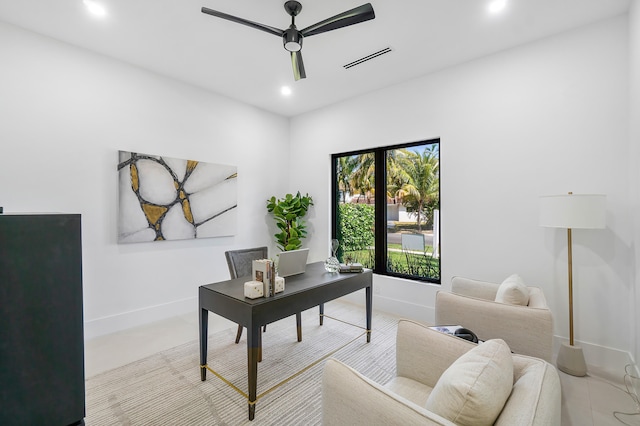 office space featuring ceiling fan