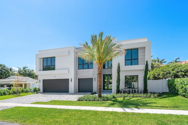 contemporary home featuring a garage and a front lawn