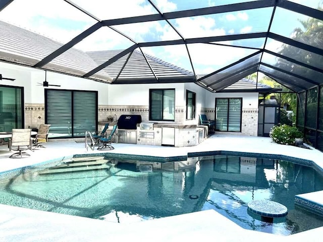 view of pool featuring a lanai, a patio, and area for grilling