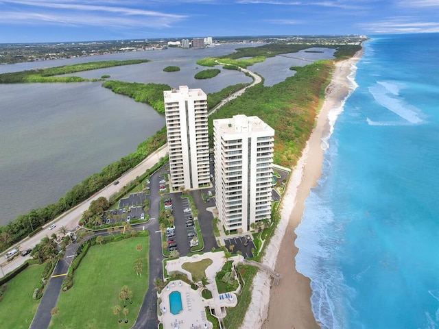 aerial view with a beach view and a water view