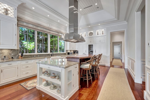 kitchen with light stone counters, a kitchen island, island range hood, a tray ceiling, and white cabinets