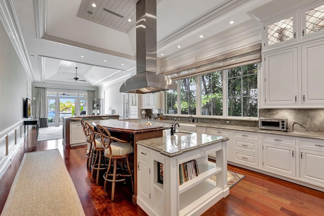 kitchen featuring dark hardwood / wood-style flooring, backsplash, island range hood, an island with sink, and white cabinets