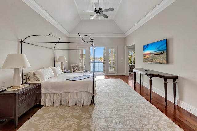 bedroom with ceiling fan, crown molding, wood-type flooring, access to exterior, and lofted ceiling