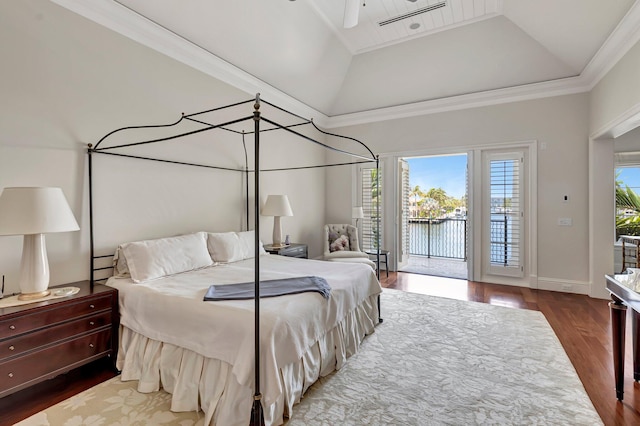 bedroom featuring dark hardwood / wood-style floors, ceiling fan, crown molding, access to exterior, and lofted ceiling