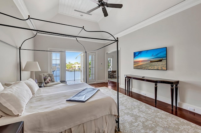 bedroom featuring wood-type flooring, ornamental molding, ceiling fan, and access to exterior