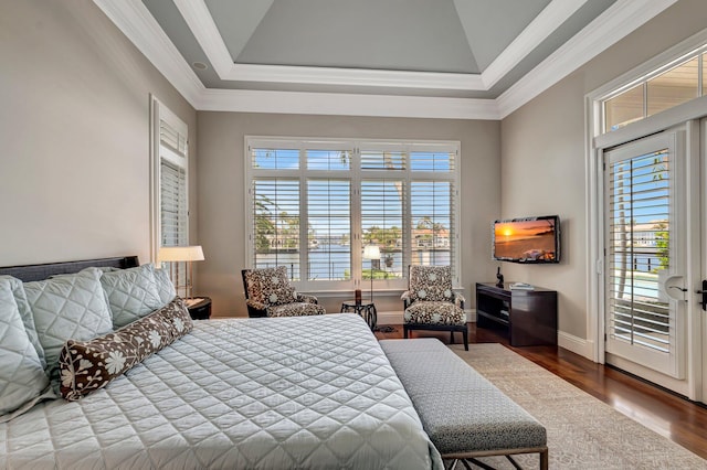 bedroom featuring crown molding, multiple windows, hardwood / wood-style floors, and a raised ceiling