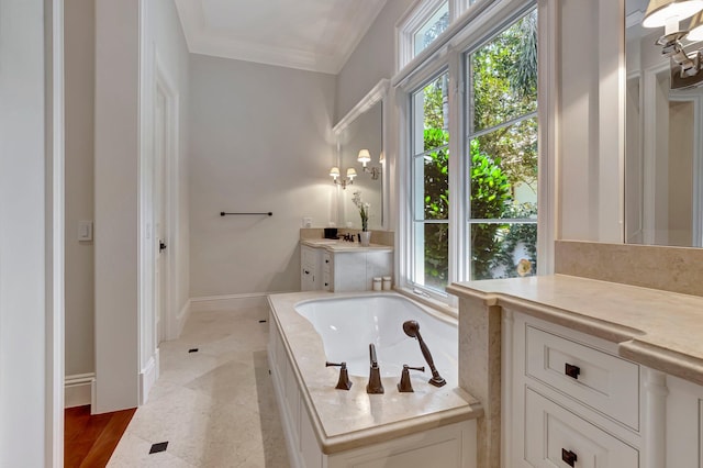 bathroom featuring ornamental molding, a bath to relax in, hardwood / wood-style flooring, and vanity