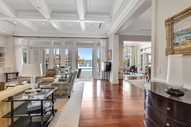 living room featuring coffered ceiling, beam ceiling, dark hardwood / wood-style floors, and ornamental molding