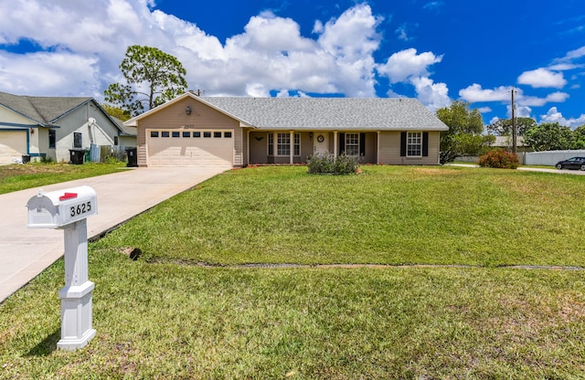 ranch-style home featuring a front yard and a garage