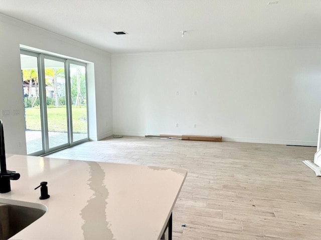 unfurnished room featuring light hardwood / wood-style floors, sink, and crown molding