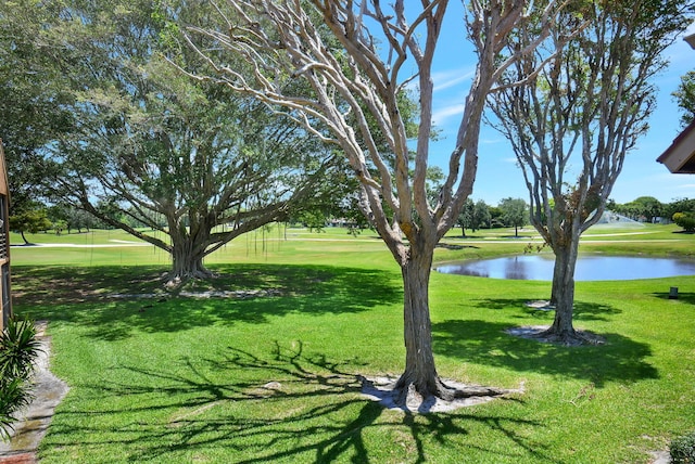 view of home's community featuring a lawn and a water view