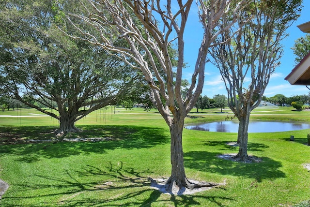 surrounding community with a yard and a water view