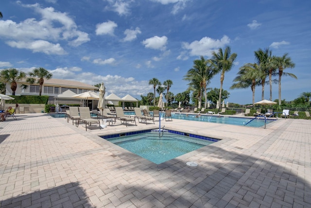 view of pool featuring a patio and a community hot tub