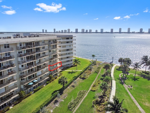 drone / aerial view with a water view