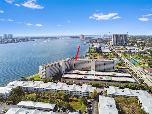 bird's eye view with a water view