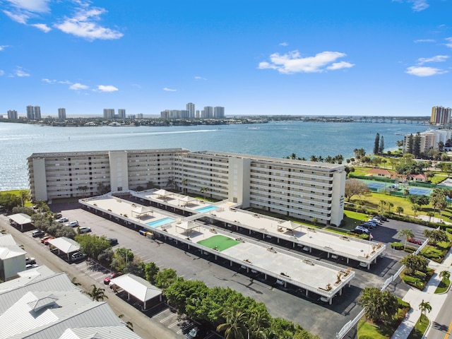 drone / aerial view with a water view