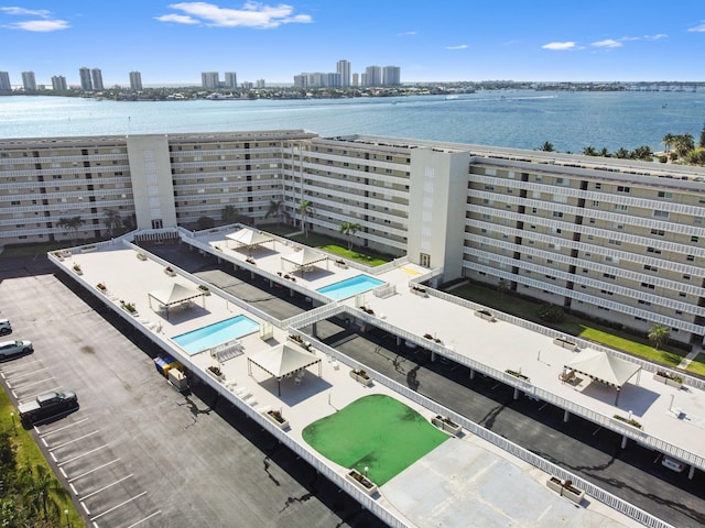 drone / aerial view featuring a water view