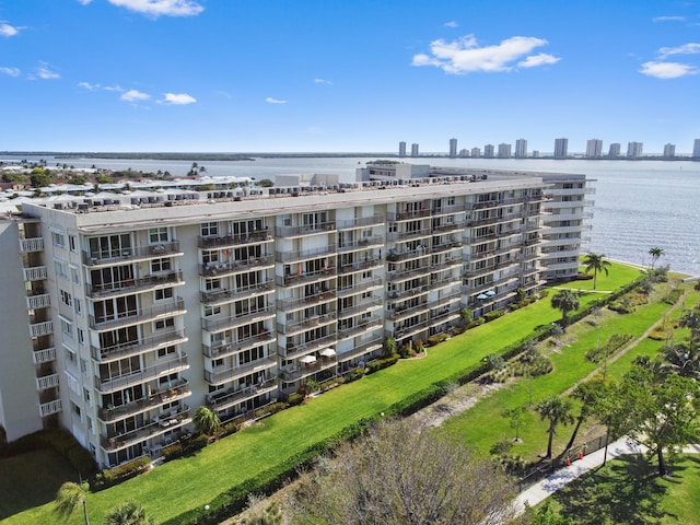 view of building exterior featuring a water view