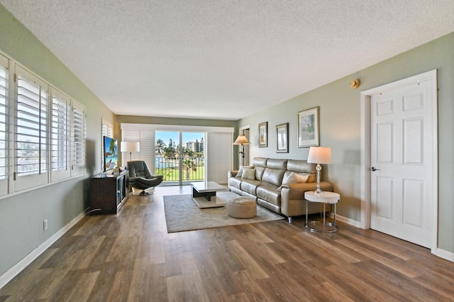 living room with a textured ceiling and dark wood-type flooring